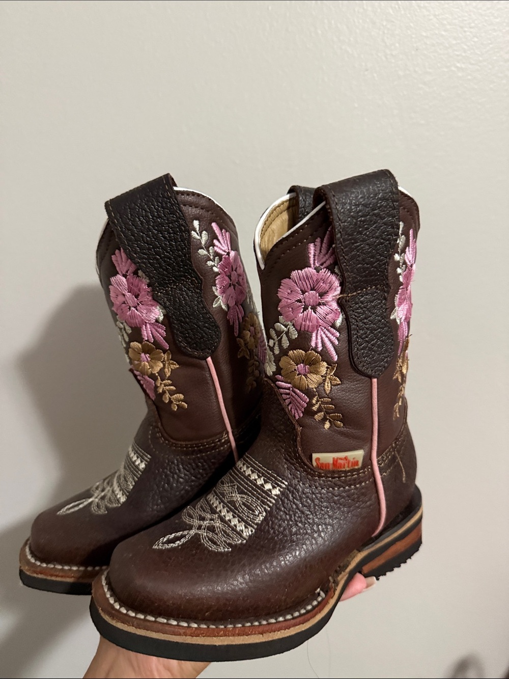Girls' Brown Leather Western Boots with Pink Floral Embroidery - Picture 3 of 5
